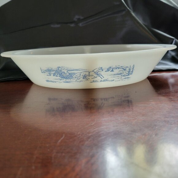 Vintage Glasbake Milk Glass Divided Dish With Blue Farm Scene Print - Picture 1 of 8